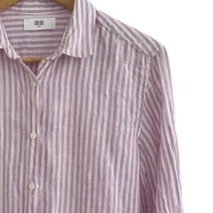 Uniqlo Linen Striped Shirt Size Small Purple White Button Up Top Granola Girl